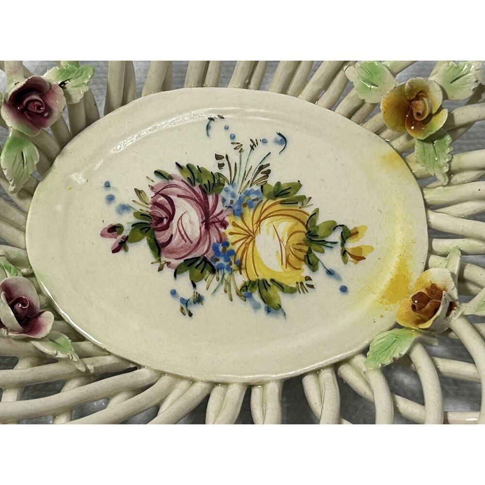 Vintage 80s MCM Centerpiece Made Italy‎ Ceramic Hand-Painted Floral Basket Bowl